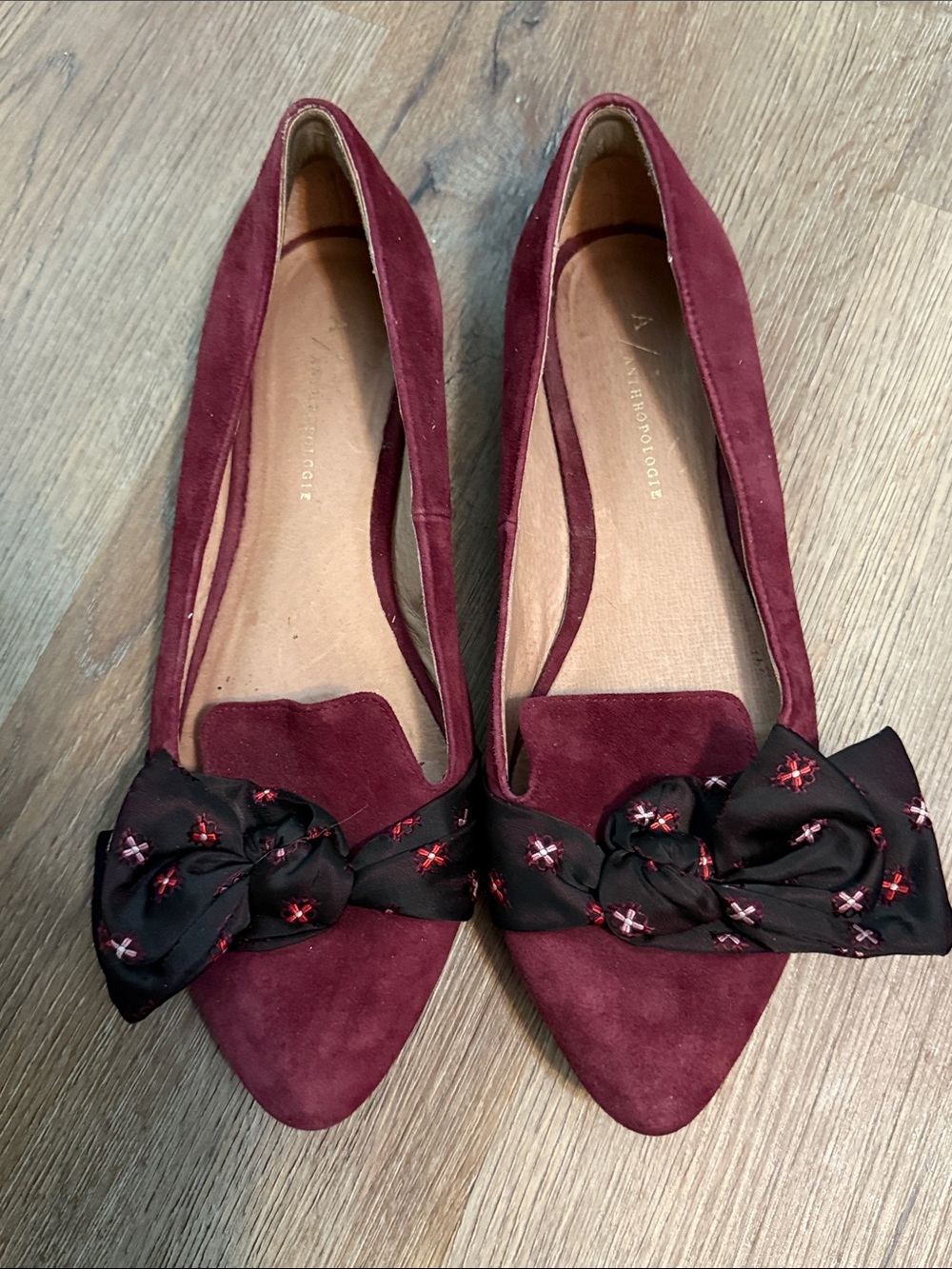 Anthropologie Wine Suede Pointed-Toe Flats with Embroidered Black Bow